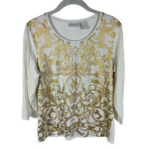 Weekends by Chico's Knit Top Shirt Size 1 White/Gold Print 3/4 Sleeves